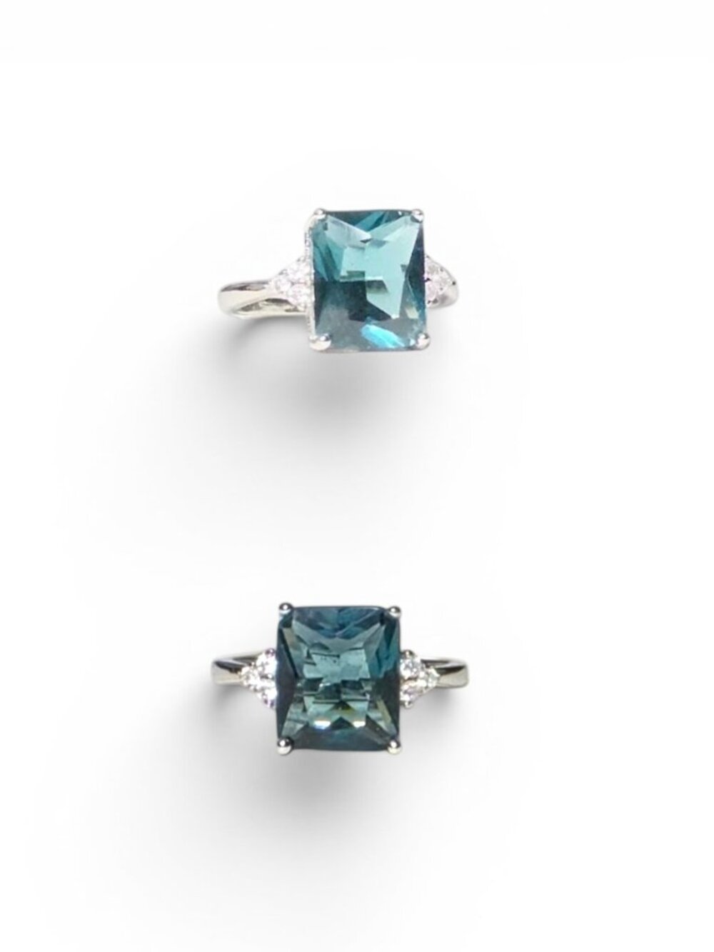 Radiant Cut Teal / London Blue Topaz CZ Statement Ring - Size 7.5